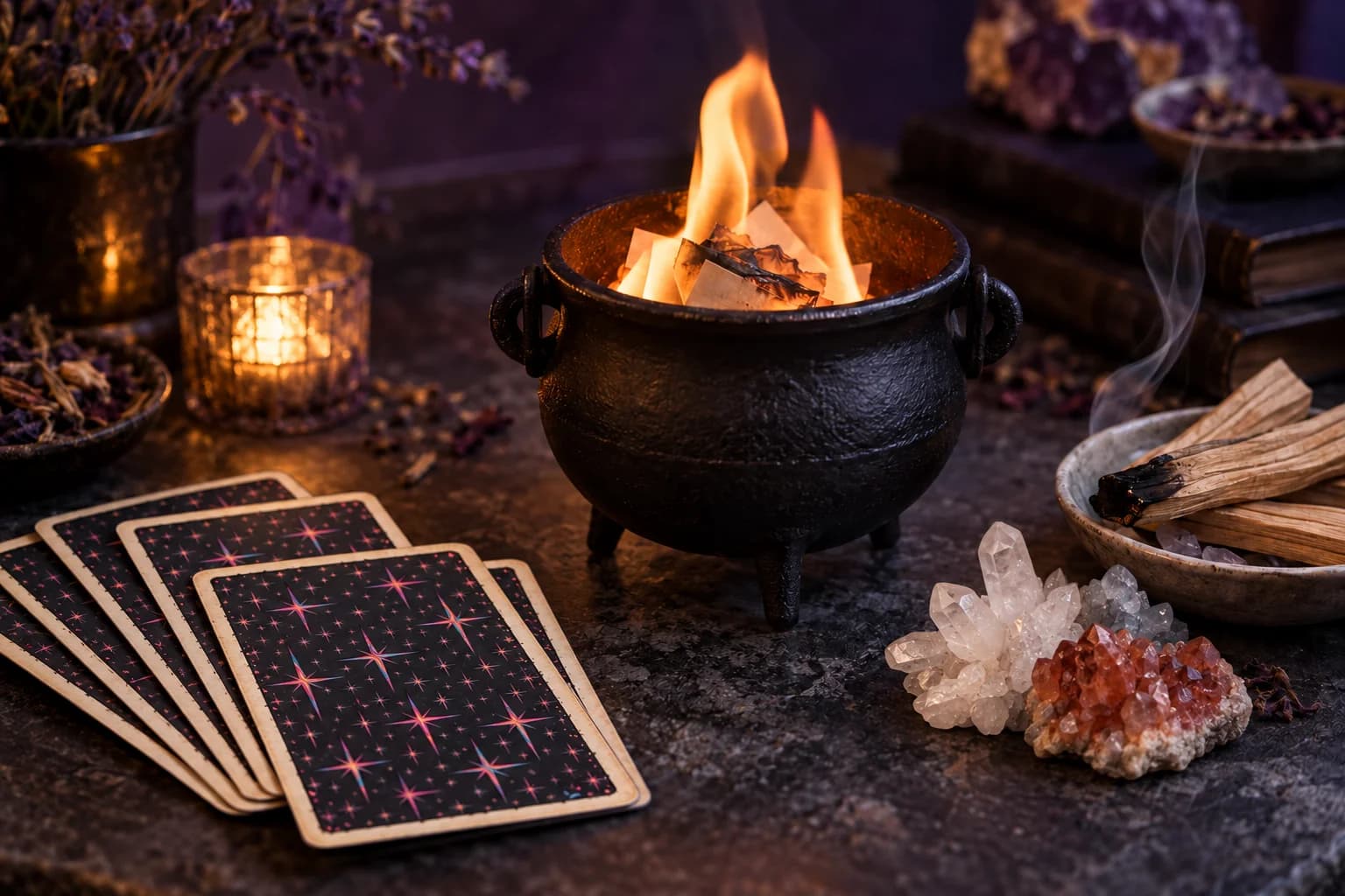 Burning paper in a cast-iron cauldron beside Tarotdoxa card backs, Palo Santo, and clear and coral-red crystal clusters